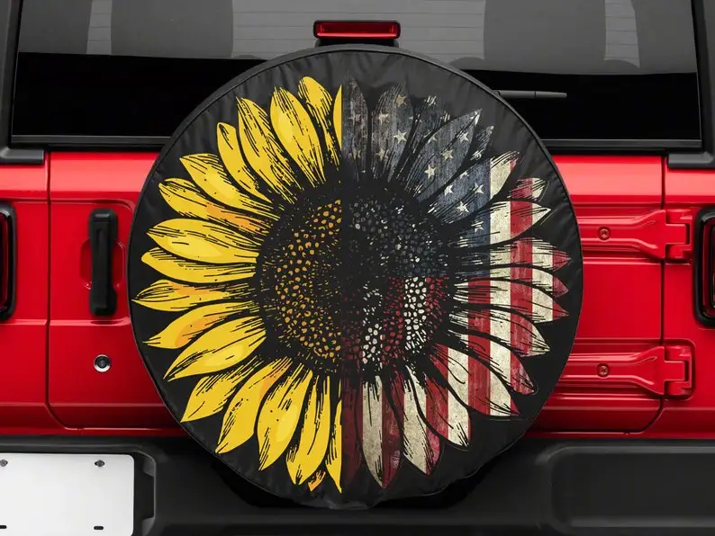 

American Flag With Art Sunflower Gift For Him, Christmas Gift, Halloween Gift, Spare Tire Cover For Car, Personalized Camper Tir