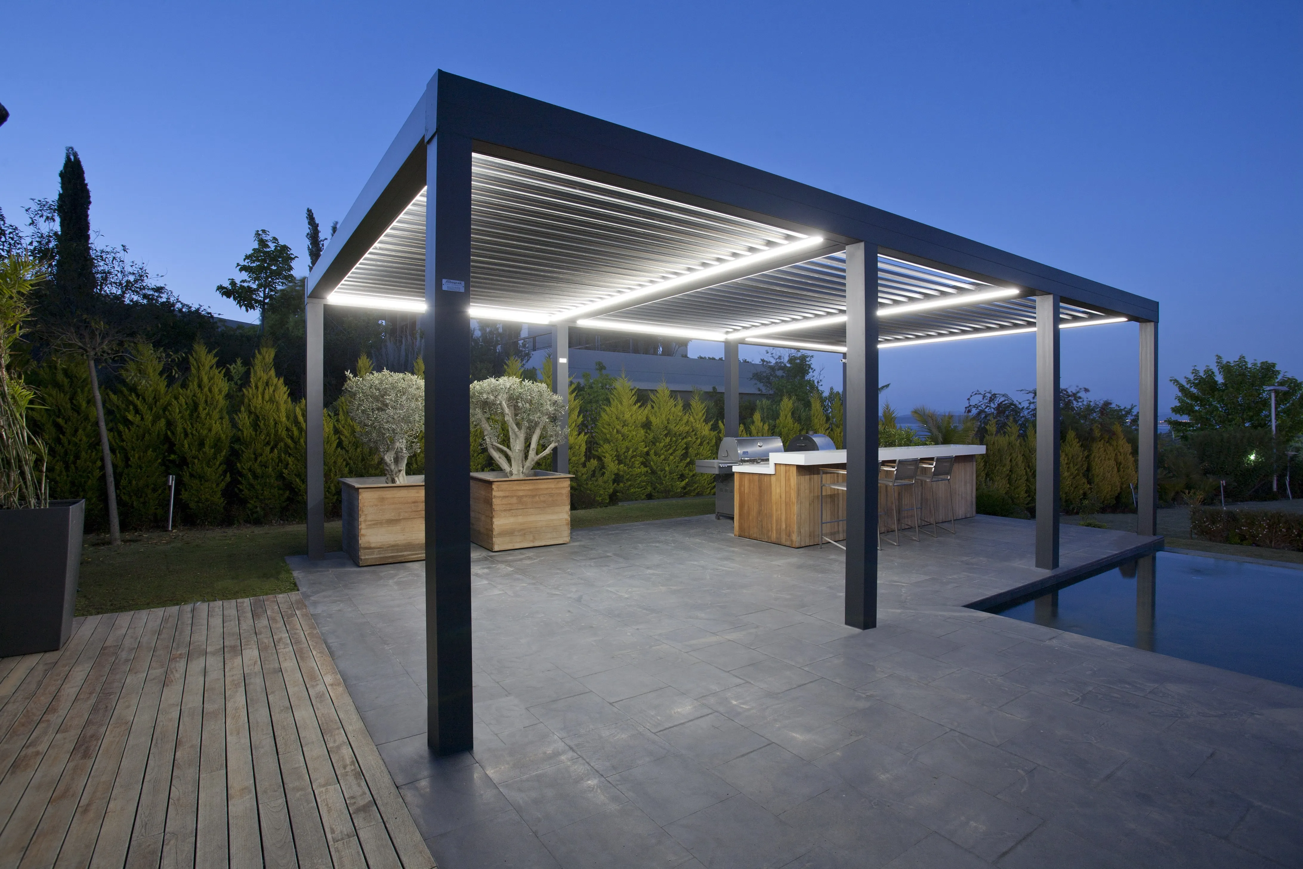 

Customized Design drawing of Electric Louver roof Pergola with LED light strip