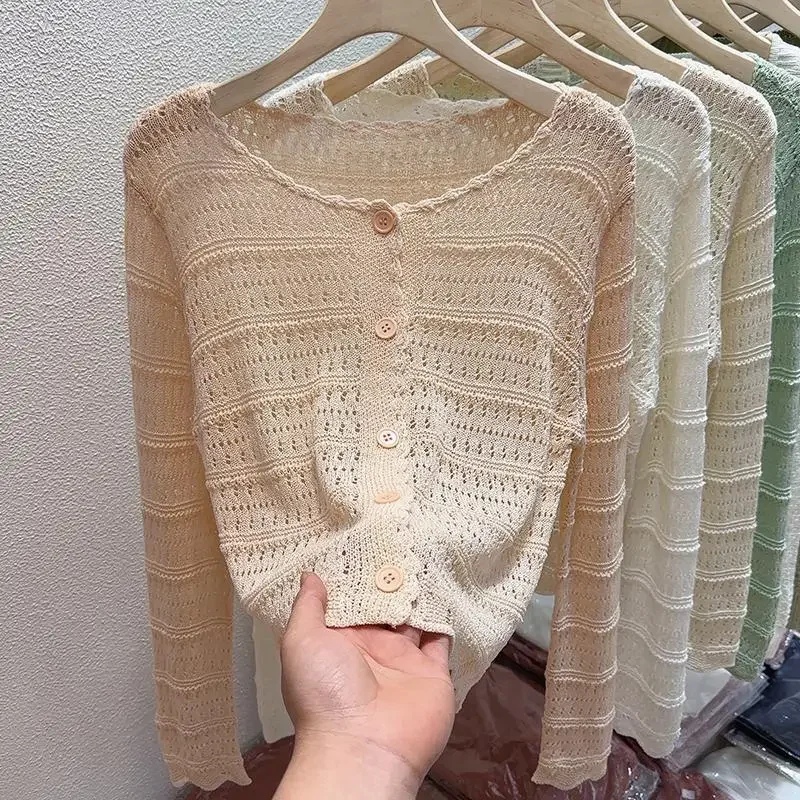 Новый сезон защита от солнца полый вязаный кардиган укороченный сетчатый топ с