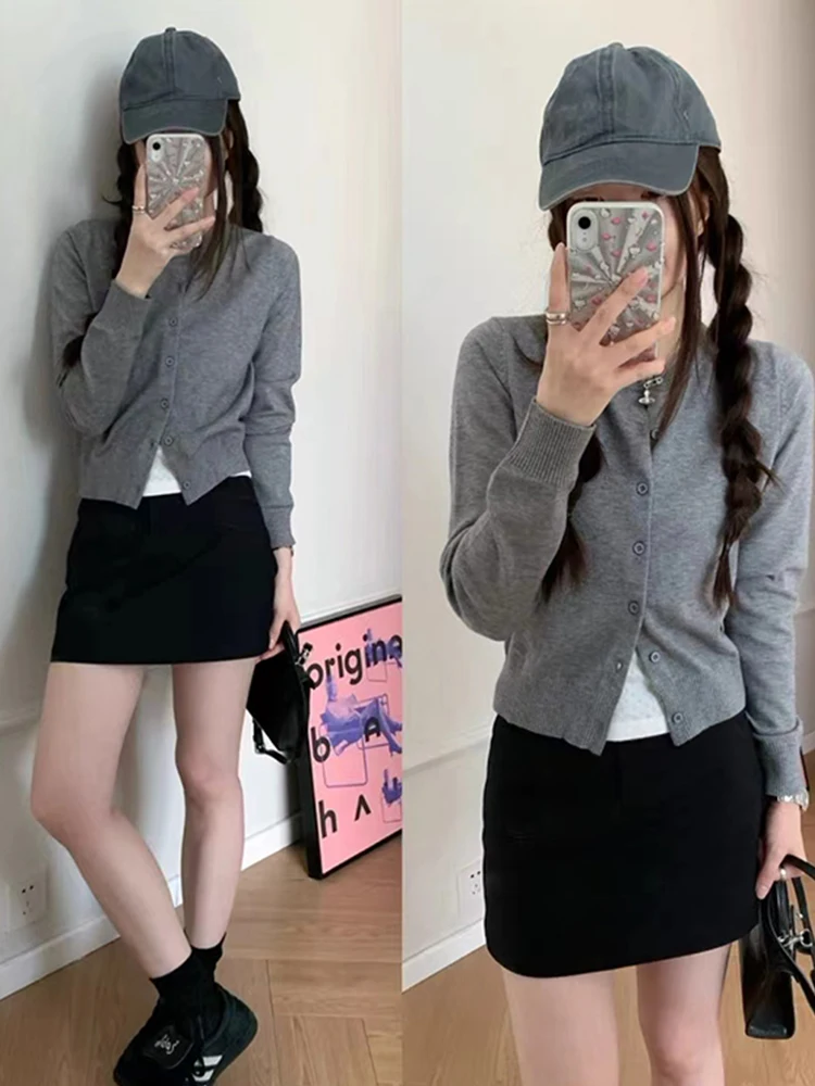 Gray Knit cardigan Women Autumn and Winter Versatile Student Small Crop Sweater Thin Coat Inner wear Bottoming Shirt Top