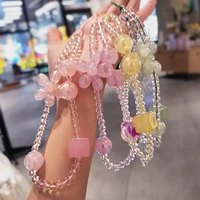 mobile phone lanyard crystal square flower lanyard hand beaded short wrist chain crystal bead pendant anti lost sling pendant