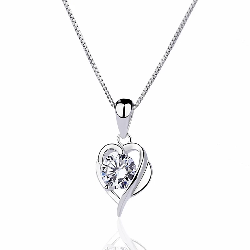 

S999 silver heart-shaped necklace Korean version creative fashion collarbone inlaid diamond zircon peach heart pendant