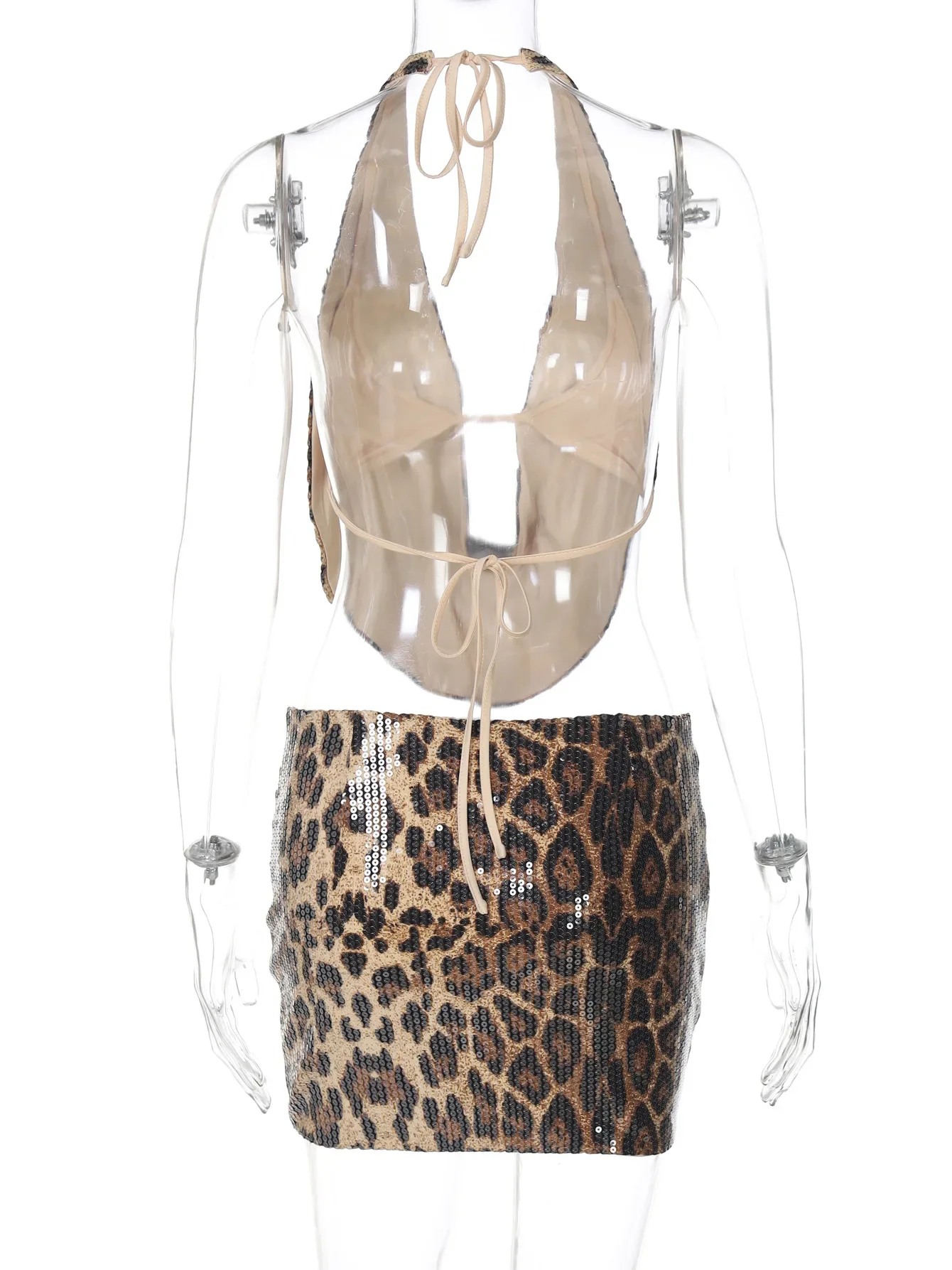 Женские сексуальные топы с открытой спиной и мини-юбкой леопардовым принтом