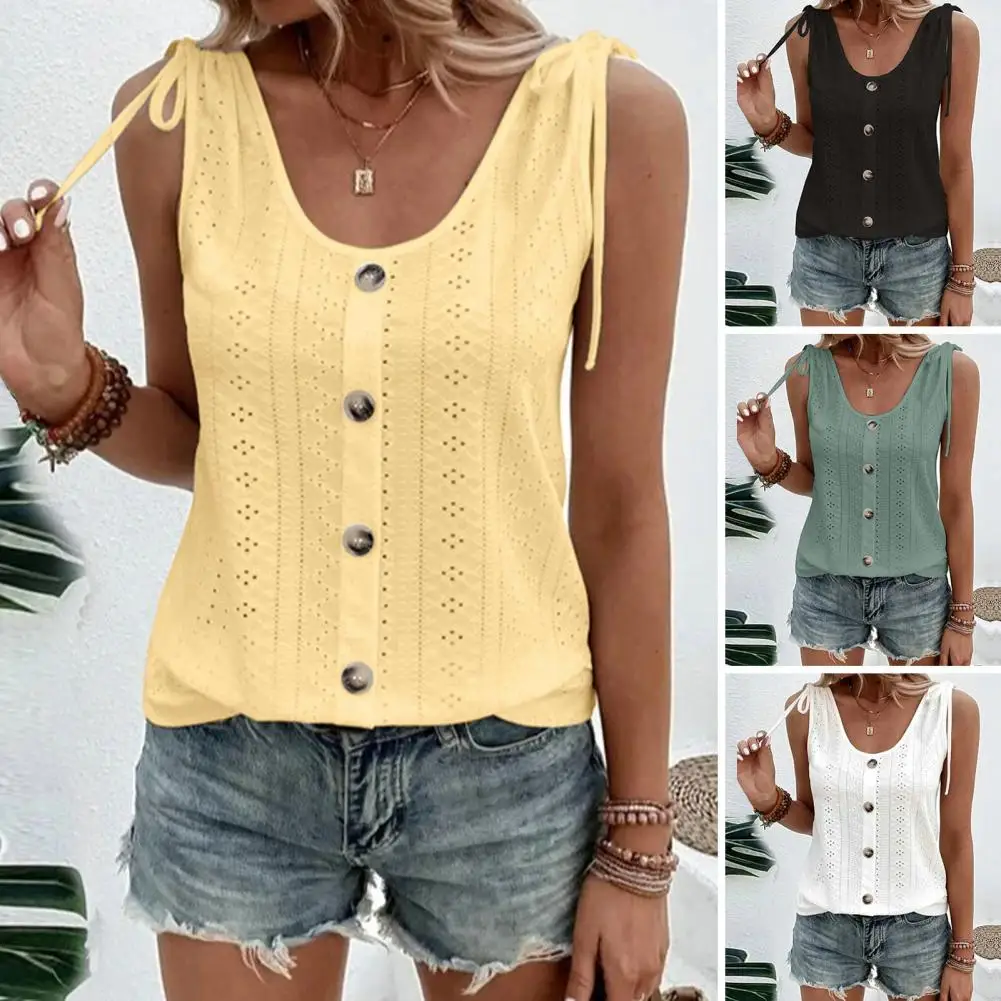 

Women Vest Soft U-Neck Sleeveless Summer Vest Drawstring Buttons Decor Casual Vest Solid Color Hollow Camisole Top For Daily