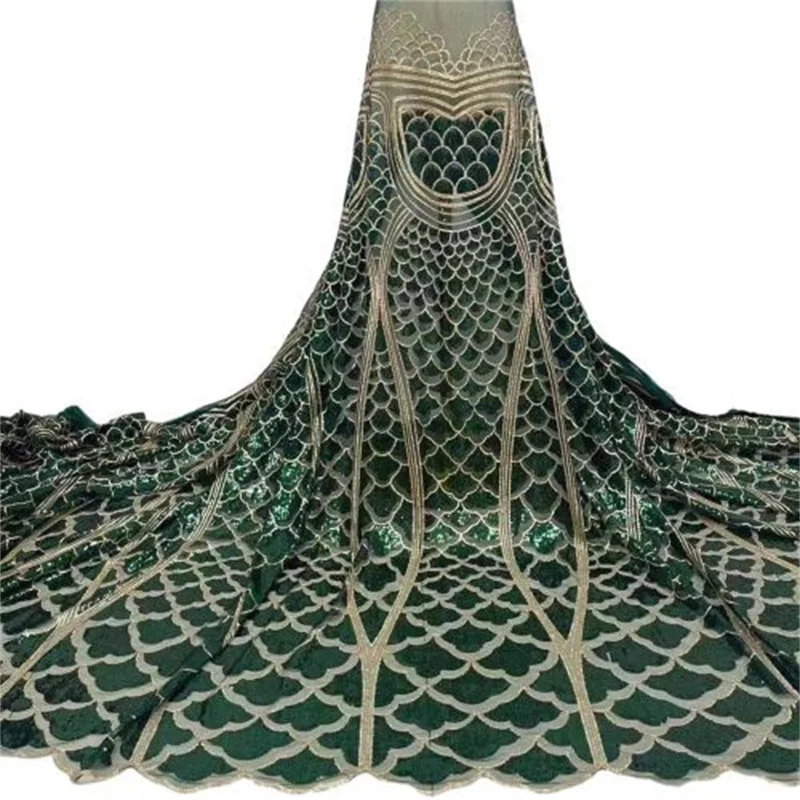 

New French Tulle Lace Fabric 5 Yards 2022 Green High Quality Nigerian Wedding Luxury Sequins Embroidery African Lace Fabric
