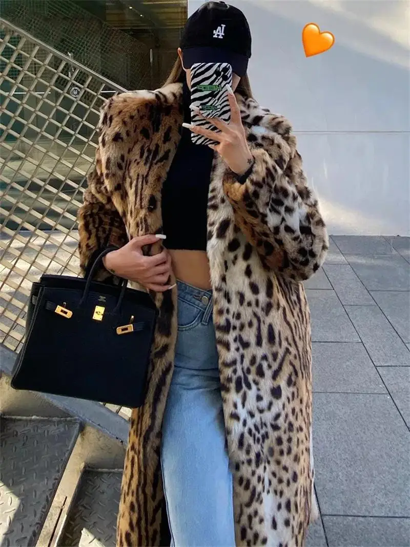 Women's Clothing Autumn And Winter 2022 New Leopard Print Imitation Fur Coat  Fashion Suit Collar  Long
