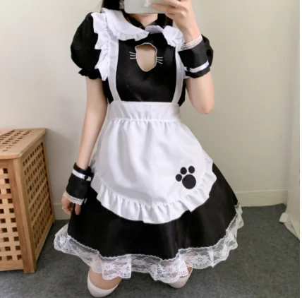 

Women Sweet Sexy Kitty Hollow Gothic Lolita Dresses Maid Cosplay Animation Show Cute Work Crossdress Outfit Dress
