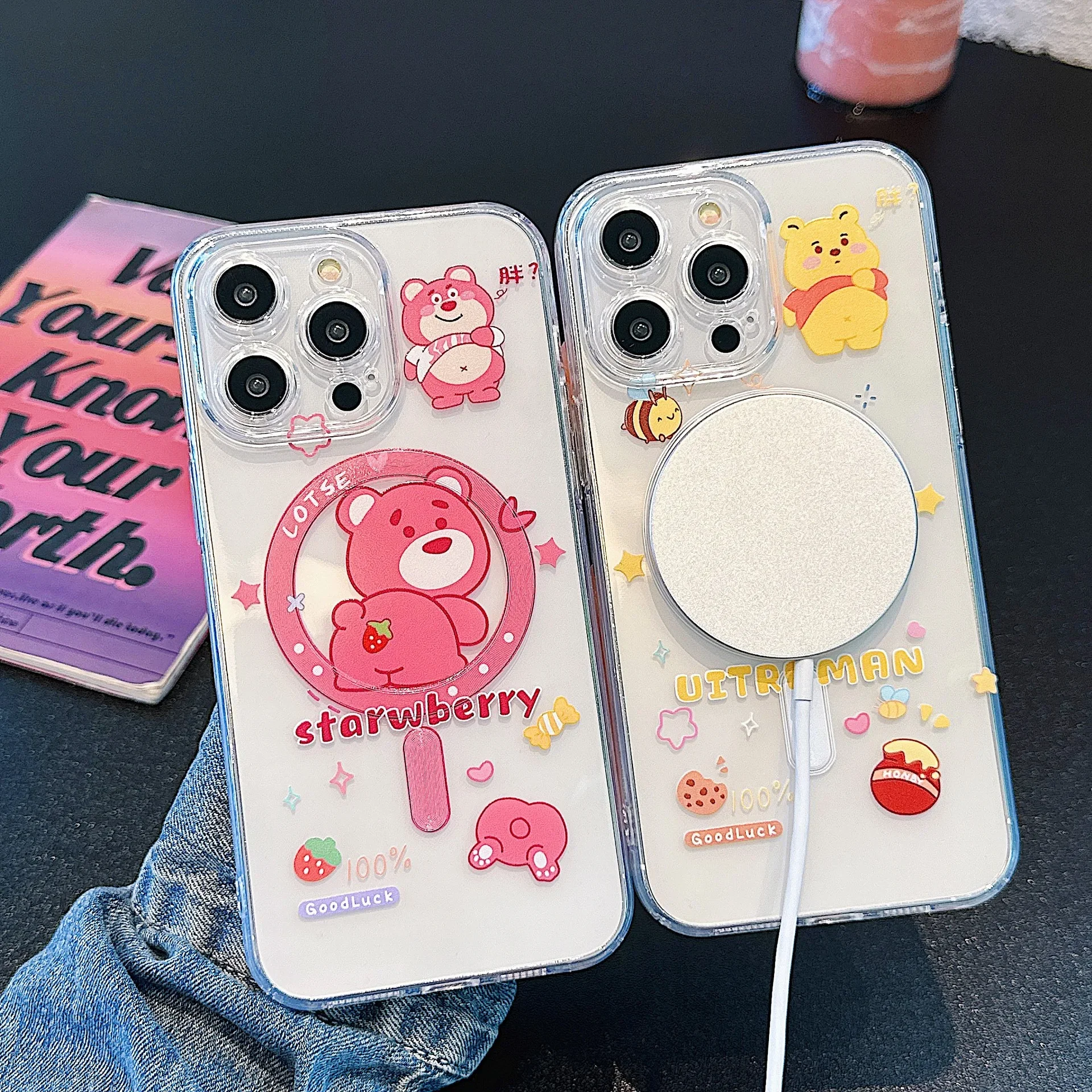 

Cute 3D Cartoon Bear Magnetic Magsafe Case For iphone 15 Pro Case,Clear TPU Wireless Charging Phone Cover For iphone 14 12 13