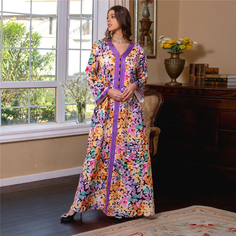 Ramadan Abaya Arab Evening Long Dress Women Floral Print Muslim Ramadan Moroccan Kaftan Dubai Saudi Jalabiya Colorful Abayas