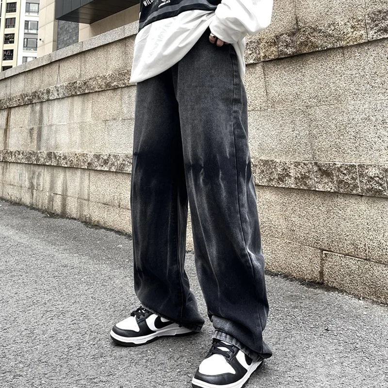 Streetwear Men 2022 New Pattern Recreational Grey Gradient Tie-dyed Pants Straight Cylinder Comfortable Loose Jeans Autumn Women