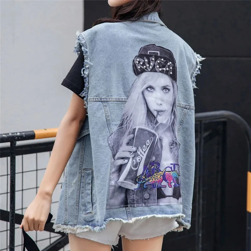 

Women Jacket Ripped Denim Vest Women Short Spring Summer Vest Top 2022 New Jeans Vest Korean Loose Printing Vest Sleeveless Top