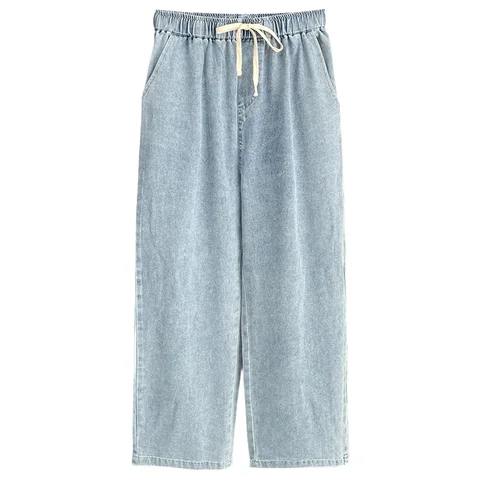 Женские прямые джинсы с завышенной талией, повседневные брюки с широкими штанинами и поясом на резинке, модель 100 на весну и осень, 2400 кг