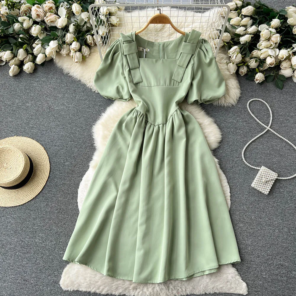 

French Bubble Sleeve Square Neck Dress With Waist Wrapped Hepburn Fairy Dress