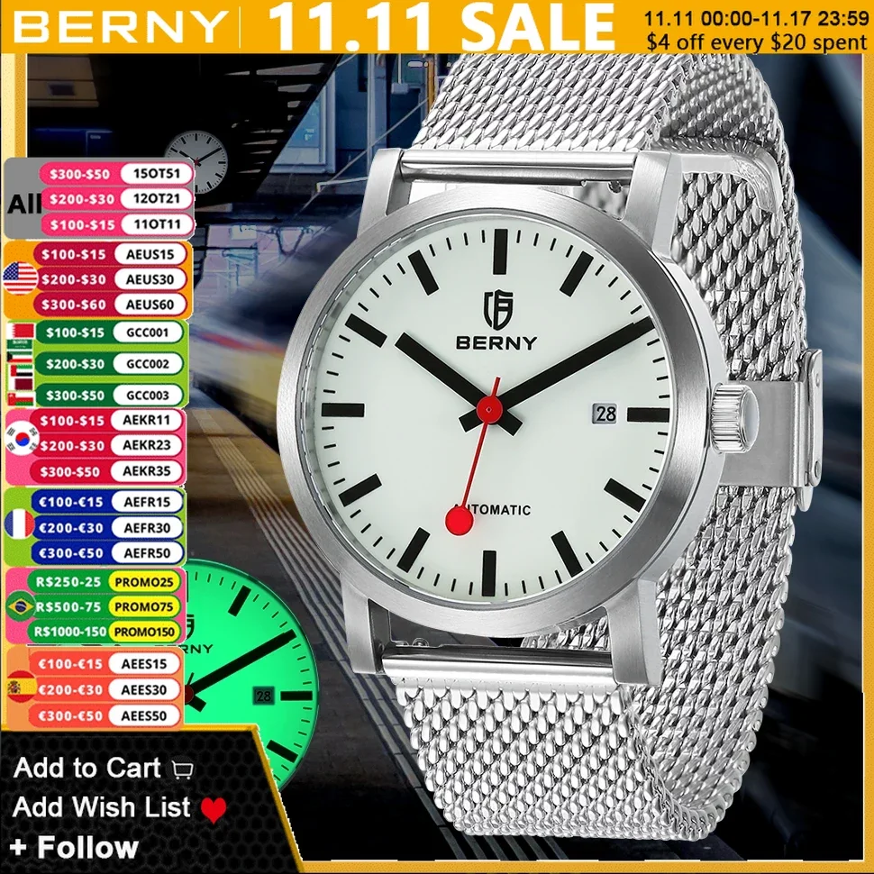 

BERNY Swiss Railway MIYOTA 8215 Watch Automatic Mechanical Watch Men Luminous Stainless Steel Waterproof Fashion Wristwatch