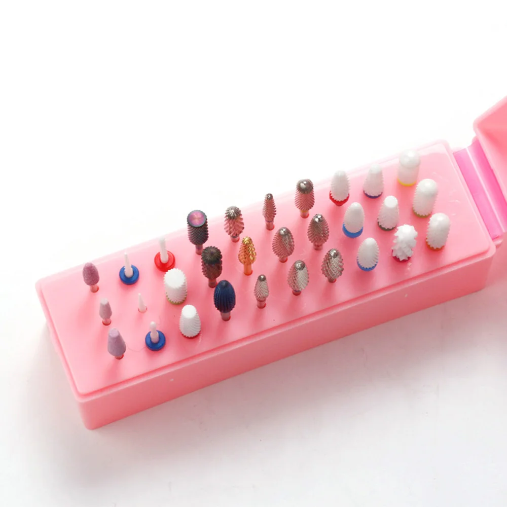 

30 Holes Nail Art Drill Storage Box,White/Pink Grinding Polish Head Bit Holder Display,Nail Drill Bits Organizer Nail Stand