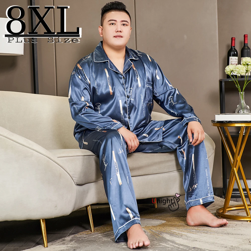 

Men's Pajamas Set Autumn oversized Men Sleepwear Silk Men's Long Sleeve Nightwear Top+Long Pant Homewear Pijama Home Clothing