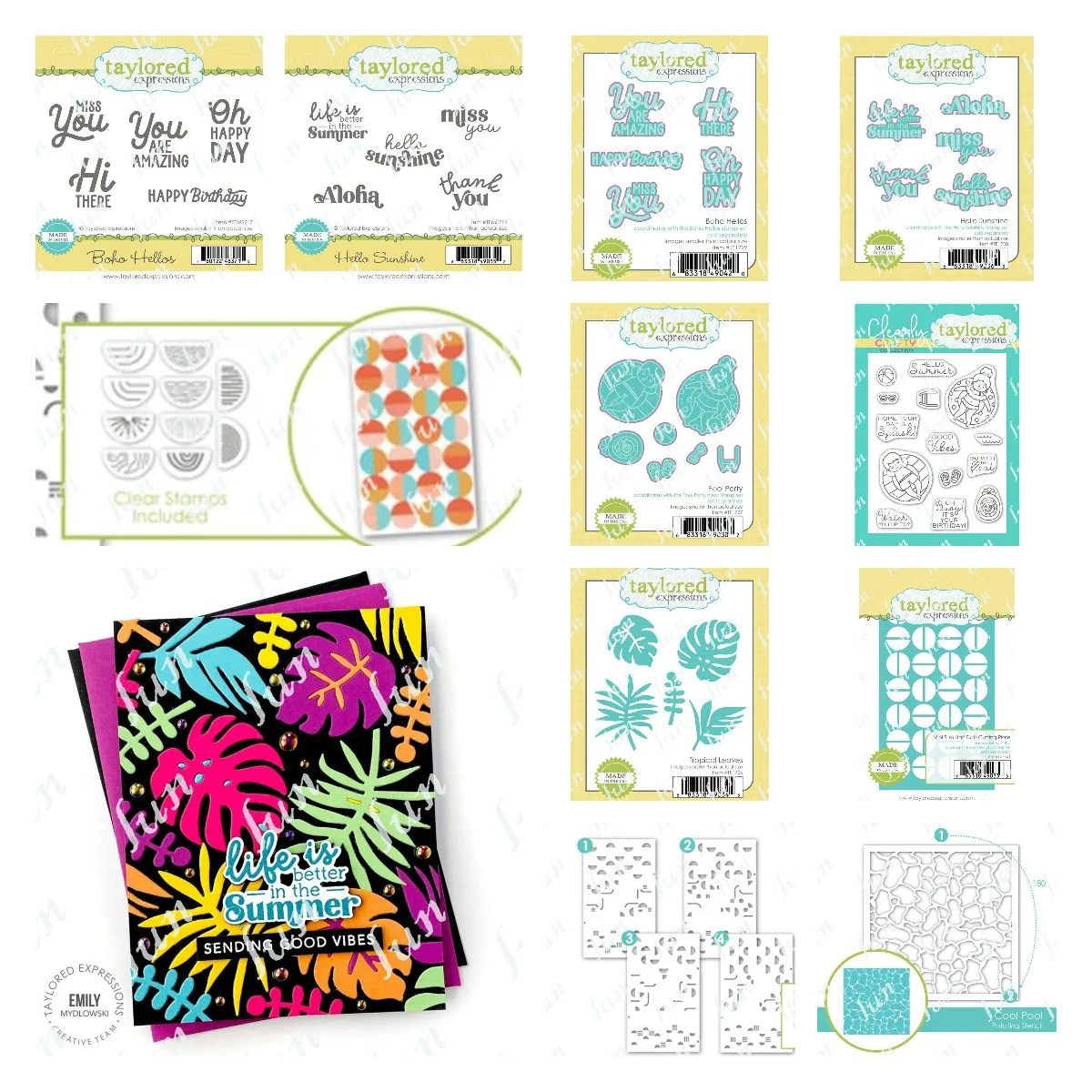 DIY Paper Cards Gift Molds Boho Hellos Hello Sunshine Half Dots Pool Party Leaves Cut Dies and Stamps Cool Pool Rotating Stencil
