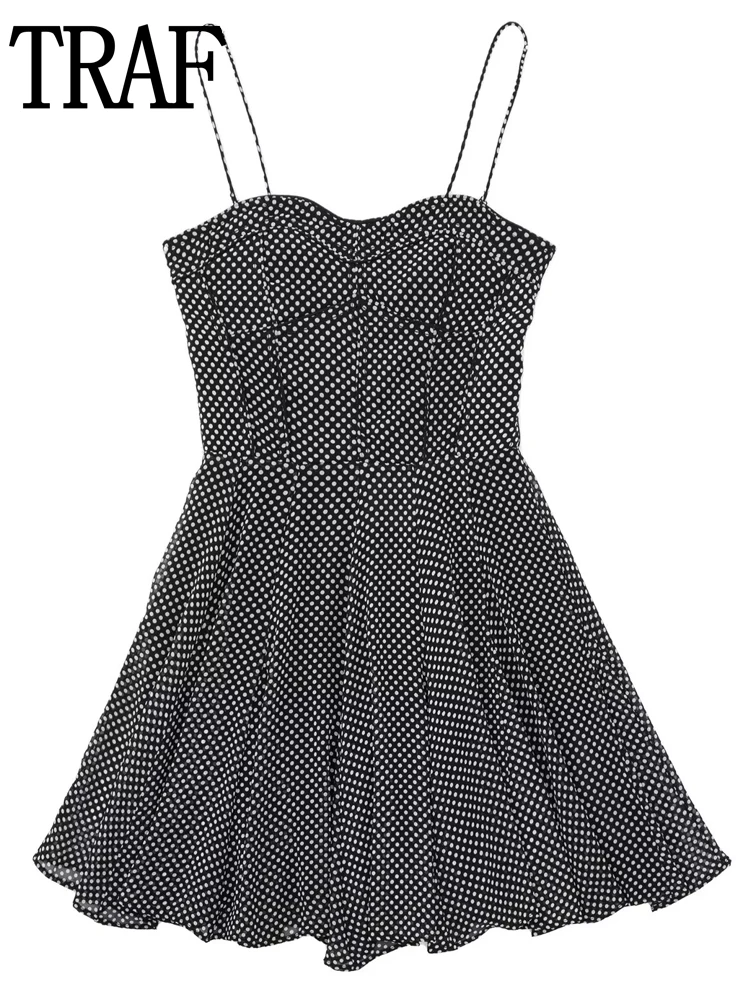 

TRAF Print Polka Dot Dress Woman 2022 Black Mini Dress Women Off Shoulder Slip Corset Dress Sexy Backless Summer Sundresses