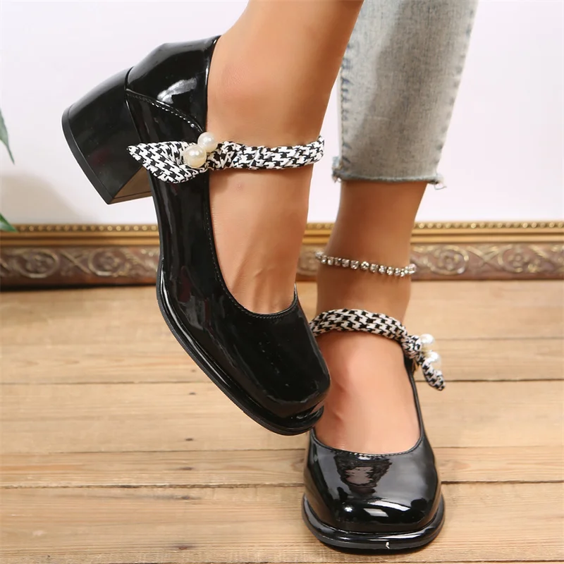 New   Fashion Square Toe Pearl Women Shoes Summer Sandals Mid Heels Chunky  Dress Pumps Shallow Ladies Shoes 2023