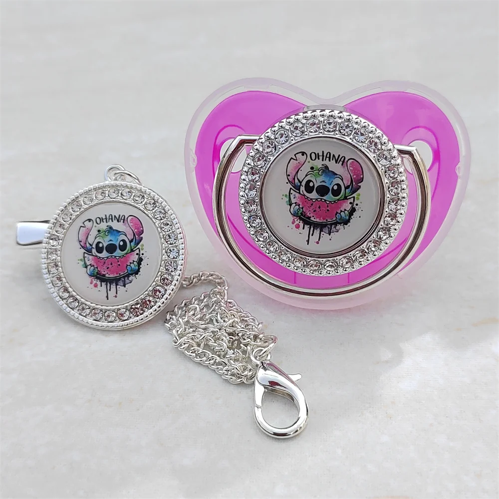 

Beautiful Sliver Ice Blue Rhinestone Baby Dummy Sitich Cartoon Print Pacifi with Clip for Newborn New Boys and Girls Sleep Toys