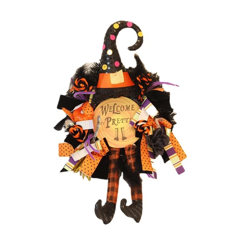 

831B Halloween Wreath Hanging Decorations Front Door Witch Wreaths Indoor Outdoor