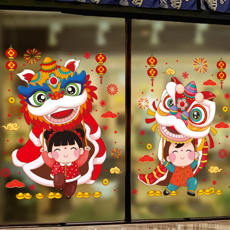 

Новогодние наклейки на окна «сделай сам» [SHIJUEHEZI], детские наклейки на стену в виде Львов для гостиной, китайское праздничное украшение для дома на весну