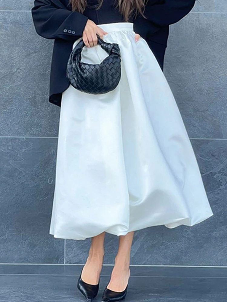 

HOUZHOU Satin Elegant Long Skirt Women Fashion Autumn Casual High Waist Solid A-line Tutu Midi Skirt High Street Office Lady