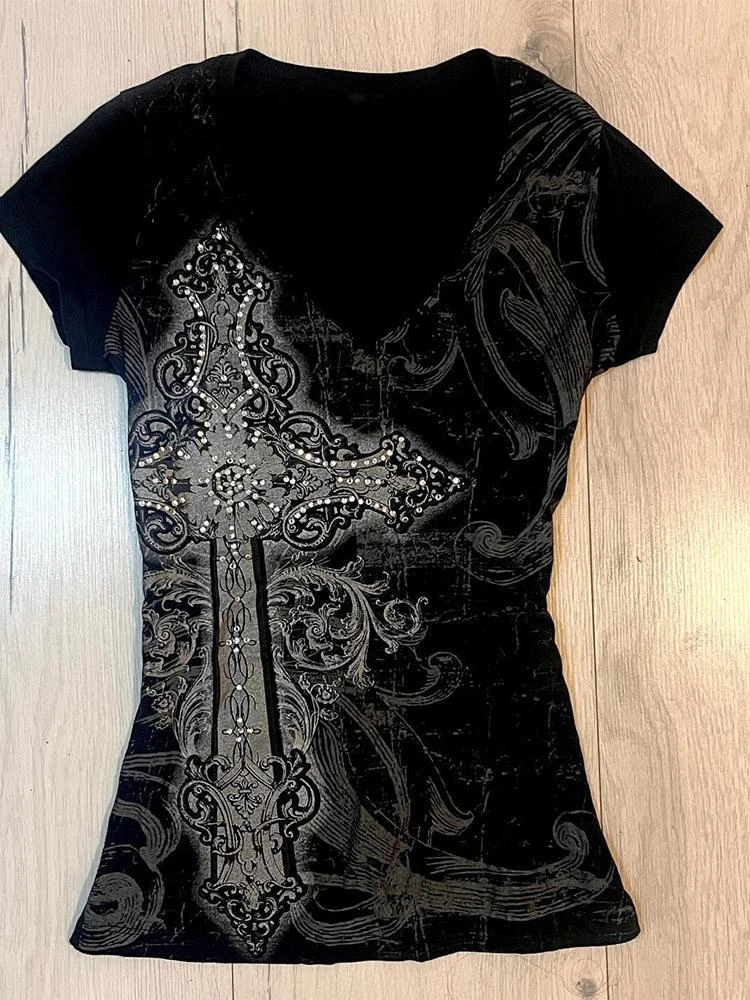 Женские укороченные топы с принтом винтажные облегающие черные футболки в стиле