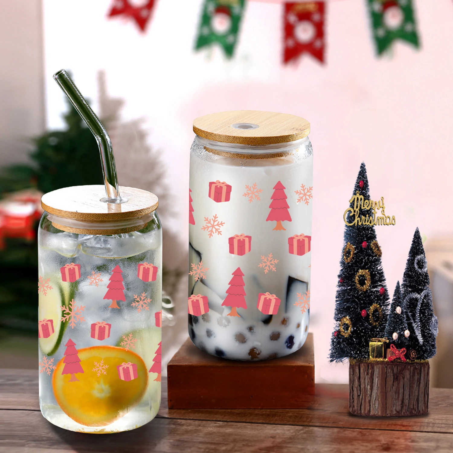 1 шт. 3d принт снежинки и подарки узор 16 унций стеклянная банка чашка для газировки