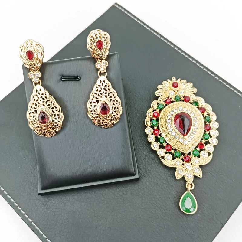 

Classic Fashion Gift Combination Women's Brooch Earrings Set Moroccan Fashion Gold Jewelry Women's Earrings Dress