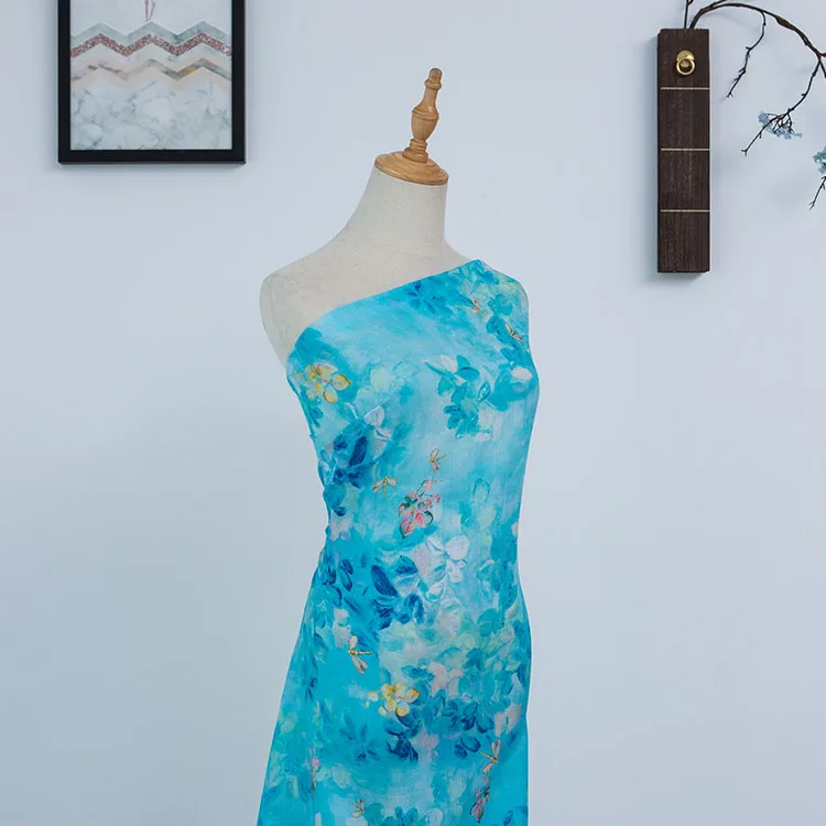 

High count pure Tencel ramie tissu Dragonflies and flowers printing tela Dress Gown pants shirt fabric