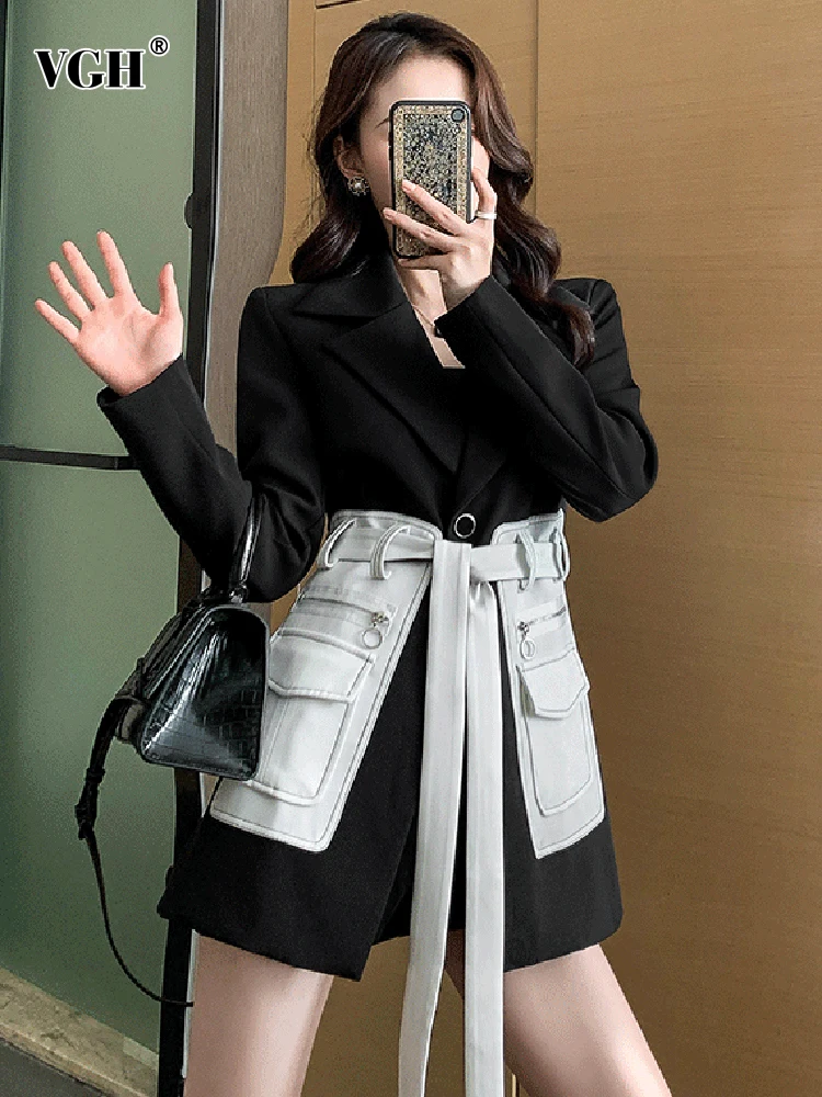 

VGH Hit Color Casual Patchwork Blazer For Women Notched Long Sleeve Belts Lace Up Straight Coats Female Fashion New Clothes 2022