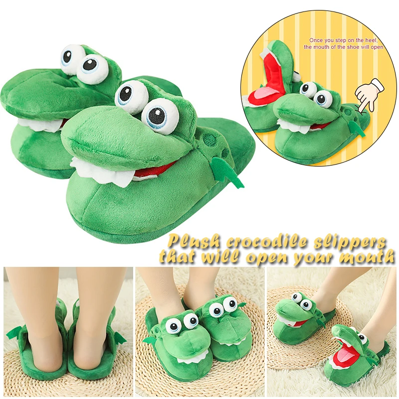 

Funny Crocodiles Plush Slippers with Open Mouth Cotton Slippers with A Moving Mouth for Winter