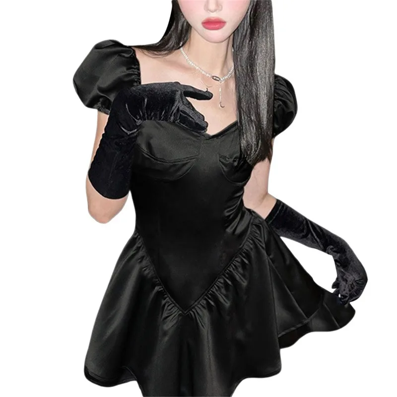 

Women's Elegent Short Dress Summer Adult Solid Color Puff Short Sleeve Backless Ruffle Hem Female Mini Dress Party