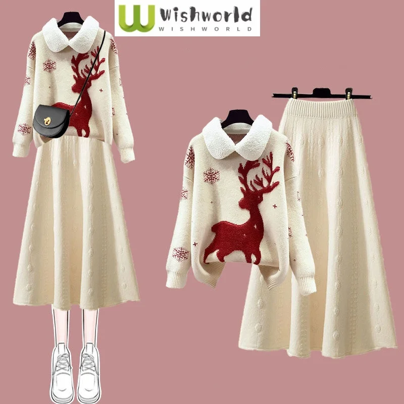 Осенне-зимний вязаный свитер с вышивкой оленей и отворотом пуловер облегающая