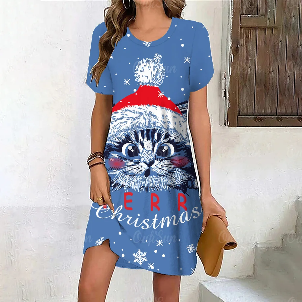 

Рождественское платье для женщин, короткое платье с забавным принтом кота, зимние мини-платья с коротким рукавом, осенняя мода, женская одежда 2023
