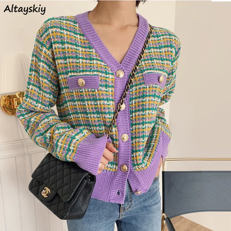 

Cropped Cardigan Women Plaid Panelled Sweaters Elegant S-3XL Warm Vintage Knitwear Preppy Knitting Outerwear Tender Jumper Fall