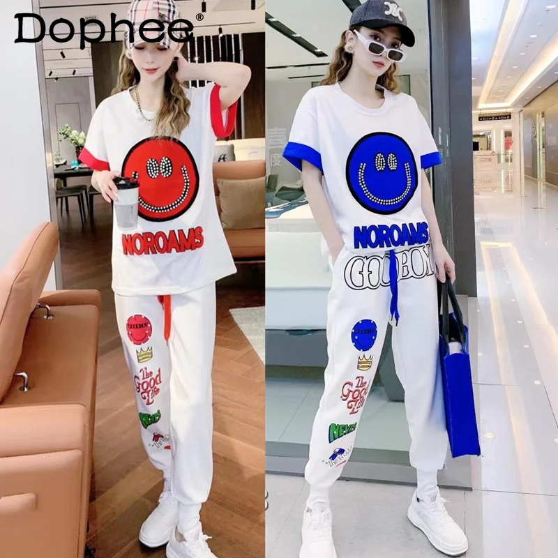 

2022 Summer New Short-Sleeved Casual TrackSuit Fashion Loose Letters Diamond Cartoon Tshirt Women + Sports Pants Two-Piece Sets