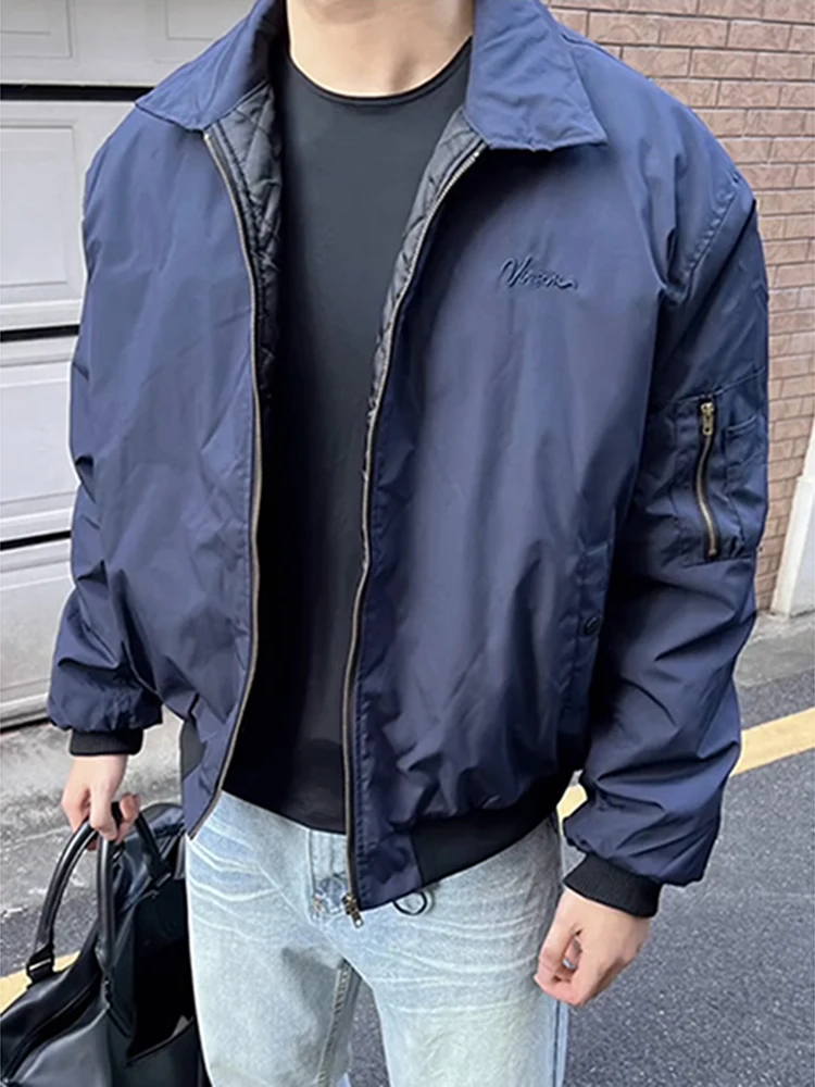 Темно-синяя Американская куртка-бомбер куртка с хлопковой подкладкой Мужская