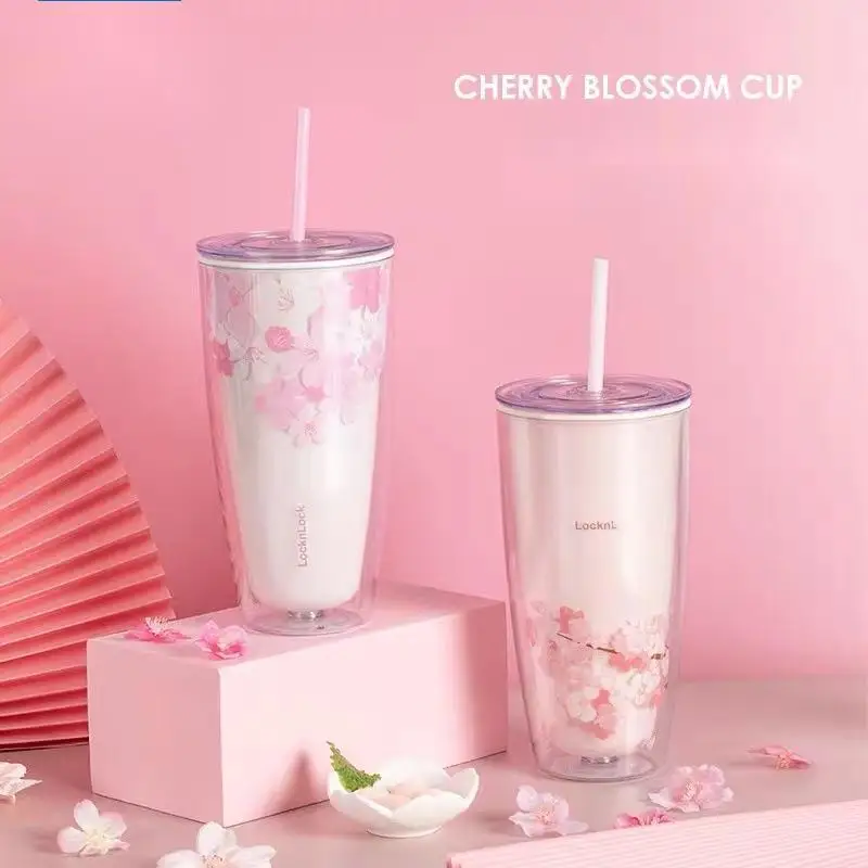 

750ml High Capacity Flower Printing Straight Water Tumblers with Lid Double Layer Transparent Plastic Sakura Goddess Straw Cup