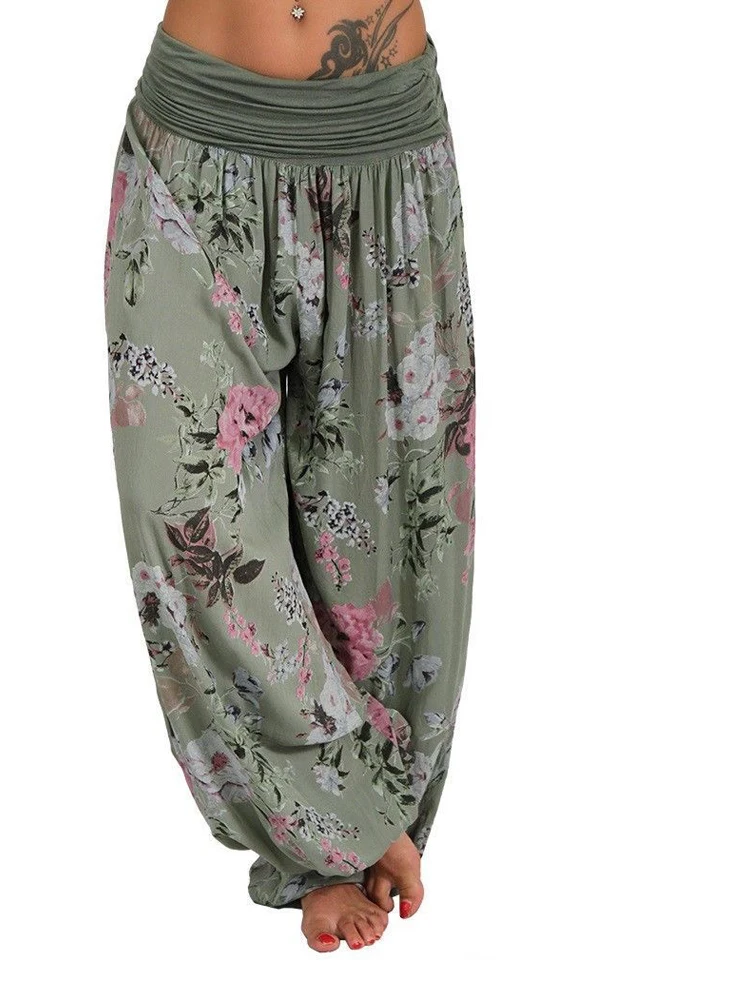 

Женские богемные штаны с цветочным принтом, пляжные брюки в стиле бохо с эластичным поясом, длинные брюки со средней талией, винтажные тонкие шаровары для поездок