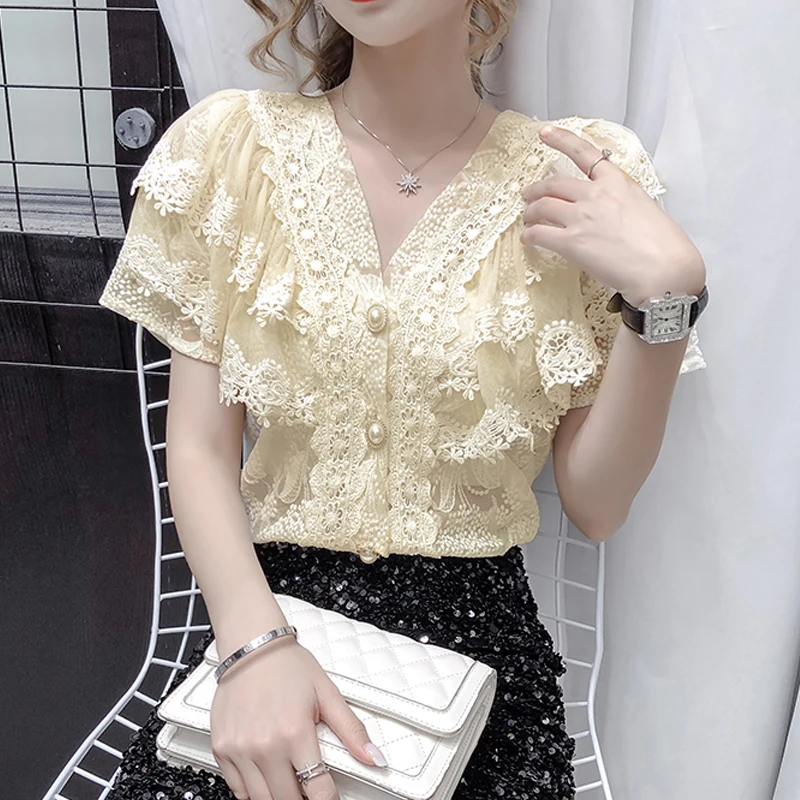 

Модная кружевная рубашка с оборками, женские летние белые топы, Элегантная блузка с коротким рукавом и V-образным вырезом, винтажная вязаная ажурная одежда, блузы 14175