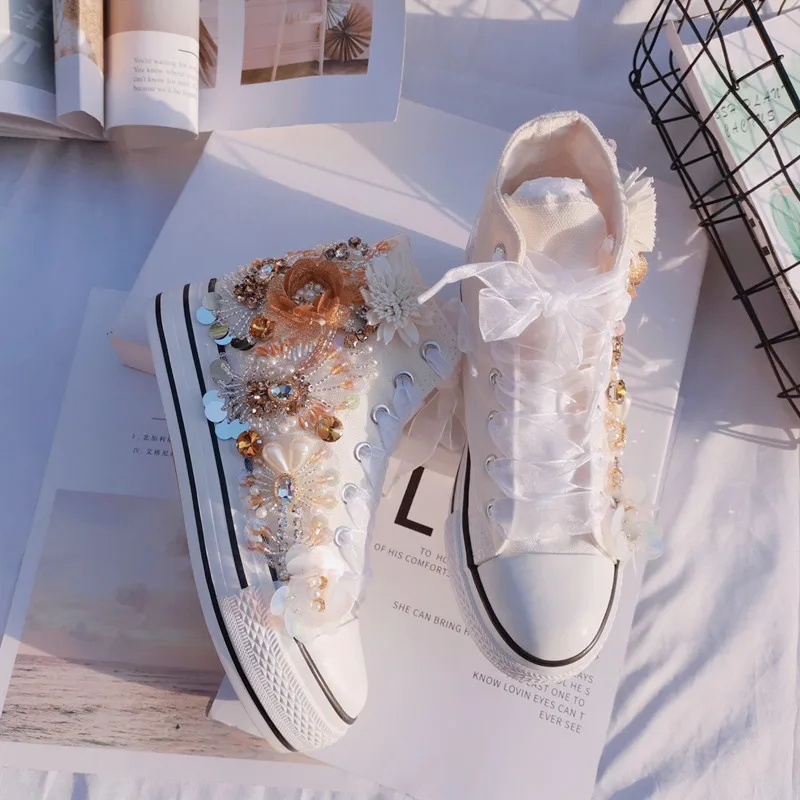 

Handmade heavy-duty beaded rhinestone sequins increased flower canvas shoes thick bottom sports and leisure 35-40