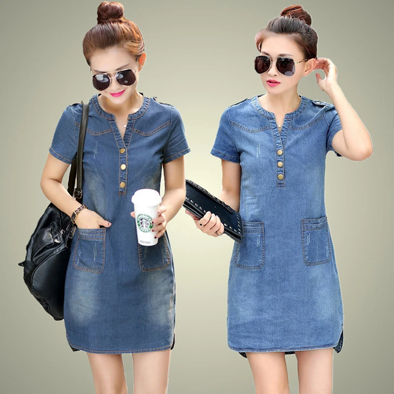 

5XL Summer Style Denim Dresses Women V-Neck Short Sleeve Slim Jeans Dress With Pockets Vestidos Women Clothing