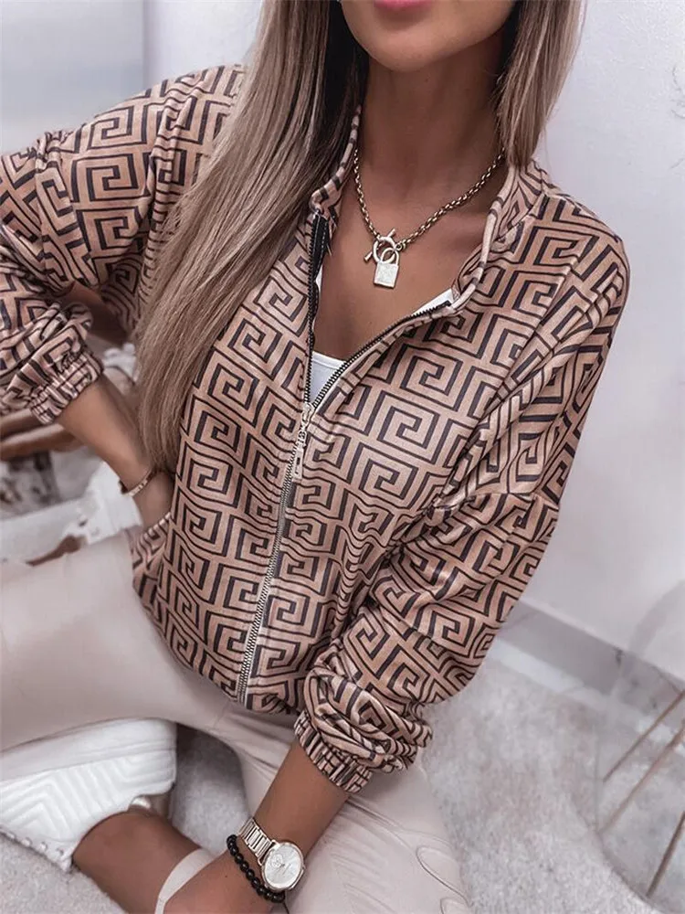 

All-match Cardigan Women Korean Fashion 2022 Fall Geometric Print Long Sleeve Zip Up Coat Casual Elegant Knitted Oversize Jacket