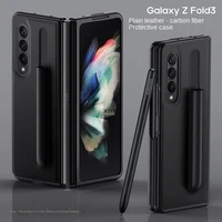 leather case with pen holder for samsung galaxy z fold 3 phone cover carbon fiber texture case for z fold3 with pen slot no pen