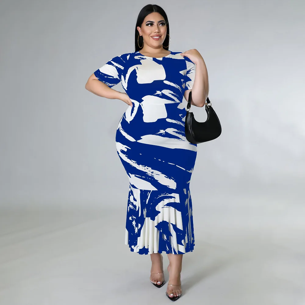Plus Size Women 4xl Dress Print Ruffle Elegant Dress For Chubby Lady Fashion Party Evening Robe Summer Luxury Wholesale Clothes