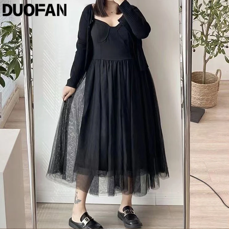 

DUOFAN Plus Size Dress 150KG Sleeveless Spaghetti Strap Women Black Mesh Dress A Line High Waist Casual Loose Big Dresses 4XL