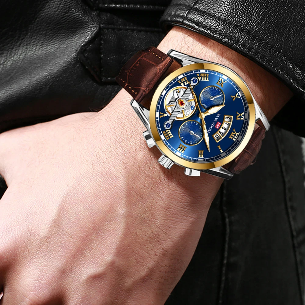 Часы наручные мужские с кожаным ремешком спортивные повседневные деловые в