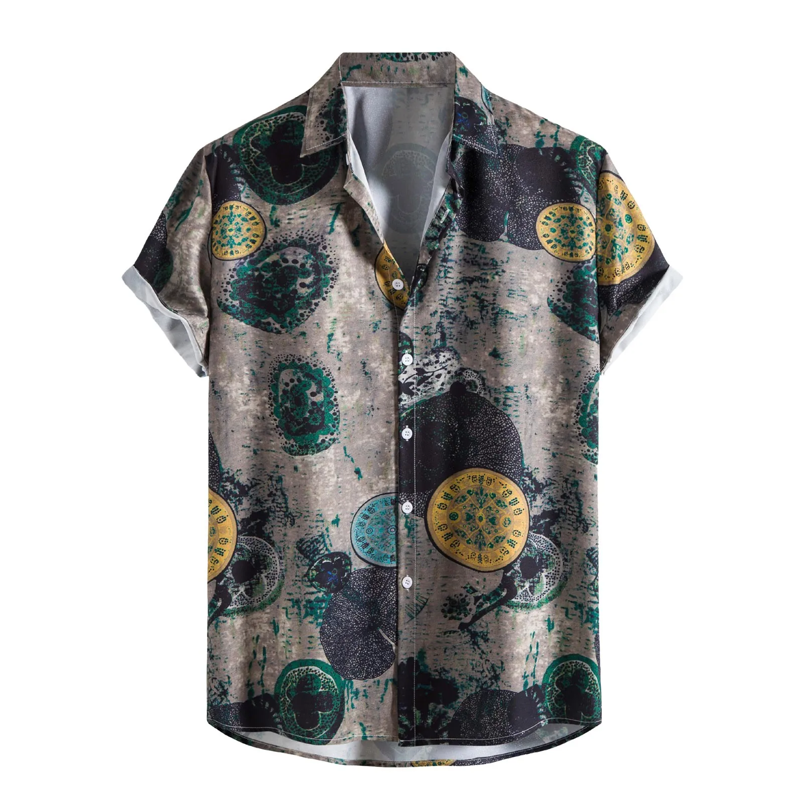 

Men Spring And Summer Casual Lapel Single Breasted Full Print Beach Vacation Short Sleeve Outdoor Pullovers Button Shirts